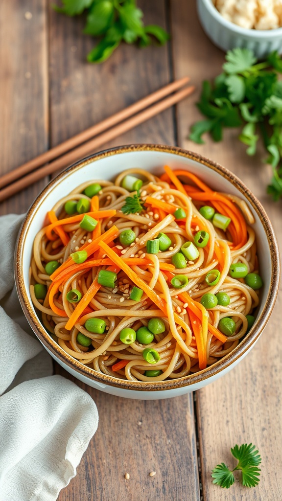 Chilled Soba Noodle Salad with Sesame Ginger Dressing Chilled soba noodle salad with edamame, shredded carrots, and green onions in a sesame-ginger dressing.